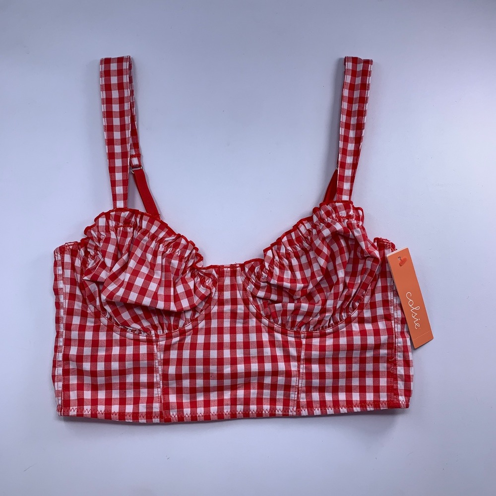Colsie Women Small Red Gingham Ruffle Underwire Bustier Crop Top NWT